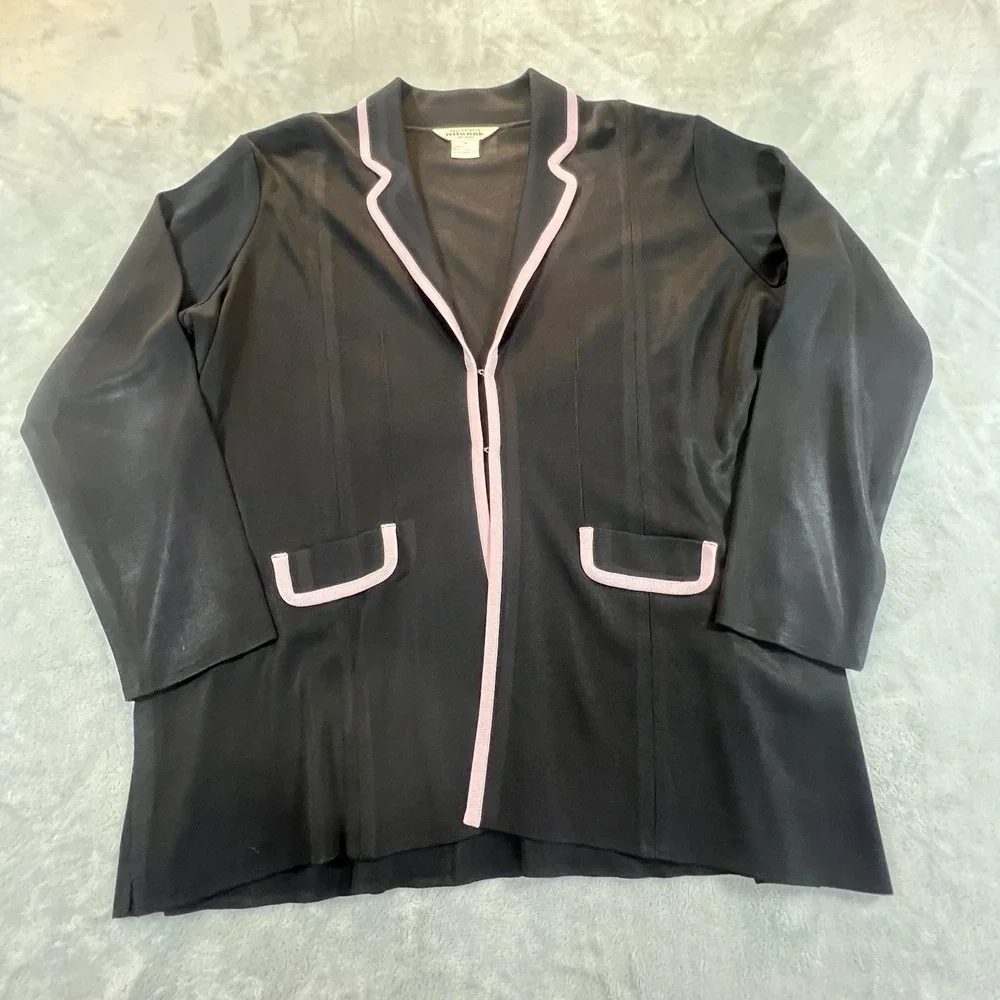 Misook Knit Cardigan Jacket Womens 1X Black Pink Trim Classic Corporate Career